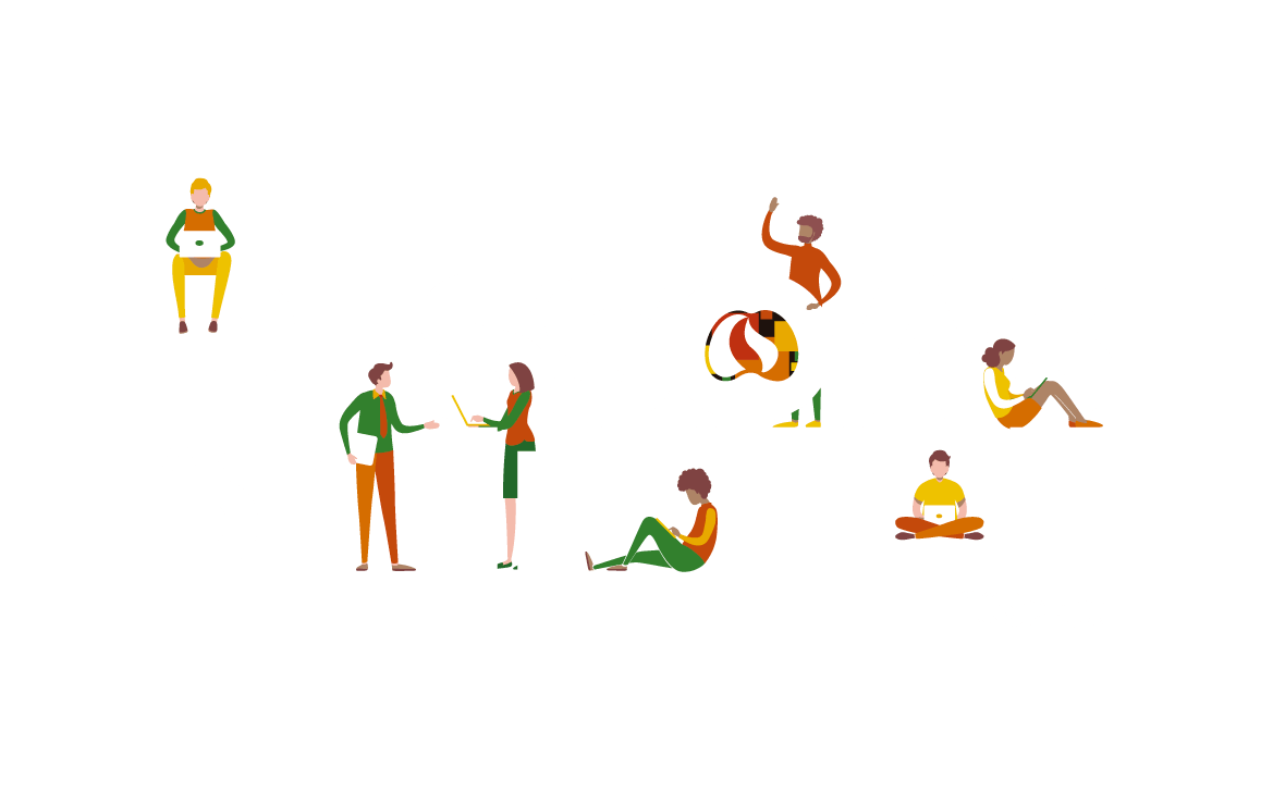 Ilustração com a frase "Pessoas Antes de Pixels" em pessoas entre as letras conversando, com notebooks e lendo